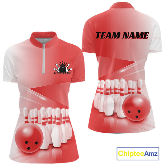 Women’s bowling quarter zip mockup shown front and back with bowling ball and pins artwork arranged within a pink gradient layout.