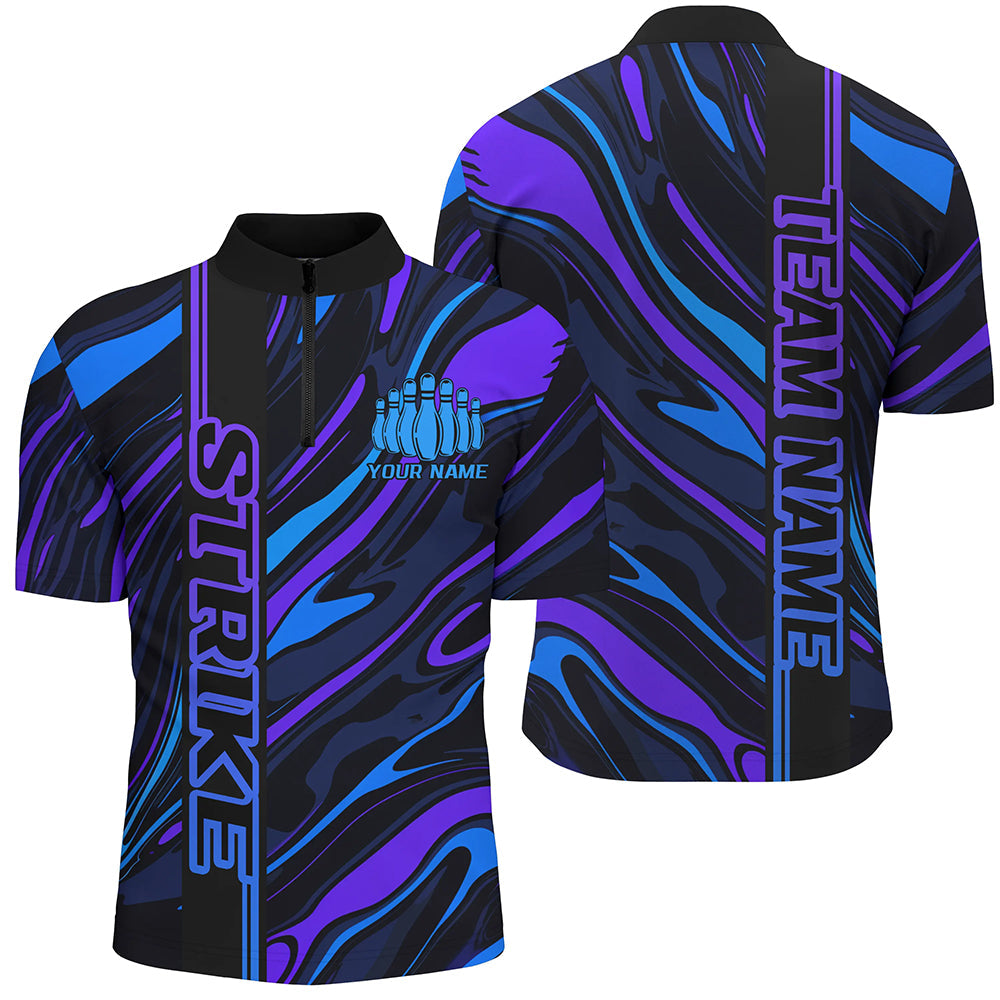 Blue And Purple Custom Strike Bowling Shirts For Men, Striking Bowling Team Uniform IPHW7682