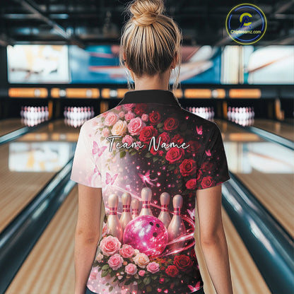 Custom Dreamy Pink Roses And Butterfly Women Bowling Quarter-Zip Shirt, Ladies Outfit IPHW10896