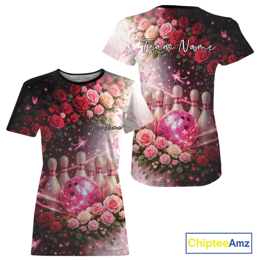 Custom Dreamy Pink Roses And Butterfly Women Bowling T-Shirts, Ladies Bowling IPHW10896