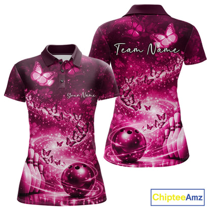 Custom Elegant Pink Butterfly Women Bowling Shirt, Ladies Bowling Team Outfit IPHW10909