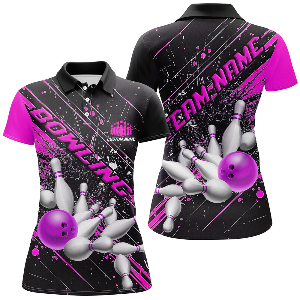 Pink Purple Strike Bowling Custom Team Shirts For Women, Bowling League Outfits For Bowler IPHW6337