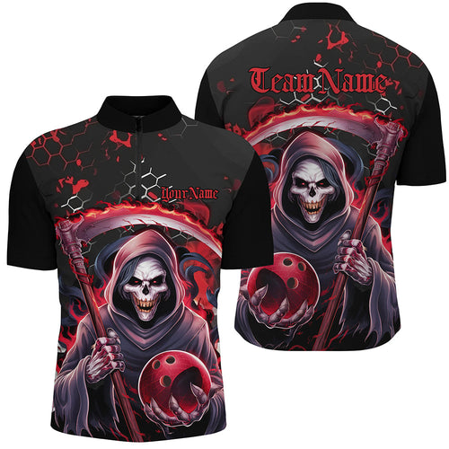 Red And Black Custom Grim Reaper Bowling Quarter Zip Shirts For Men, Halloween Skull Bowling Shirt IPHW6781