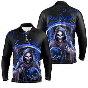 Blue And Black Custom Skull Bowling Polo Shirts For Men, Halloween Long Sleeve Bowling Shirts IPHW6782