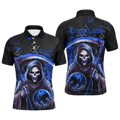 Blue And Black Custom Grim Reaper Bowling Polo Shirts For Men, Halloween Skull Bowling Shirt Outfit IPHW6782