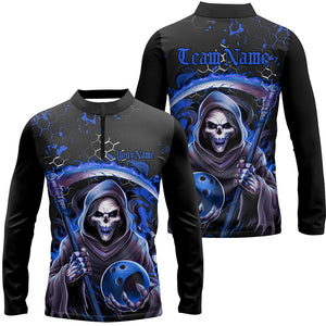 Blue And Black Custom Skull Bowling Quarter Zip Shirt For Men, Halloween Long Sleeve Bowling Shirts IPHW6782