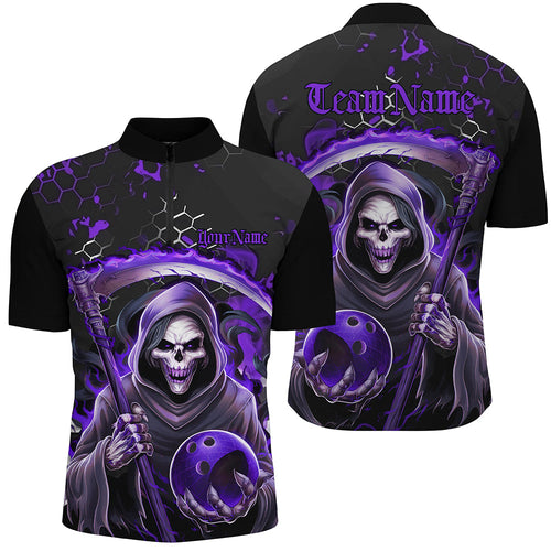 Purple And Black Custom Grim Reaper Bowling Zip Shirts For Men, Halloween Skull Bowling Shirt IPHW6783