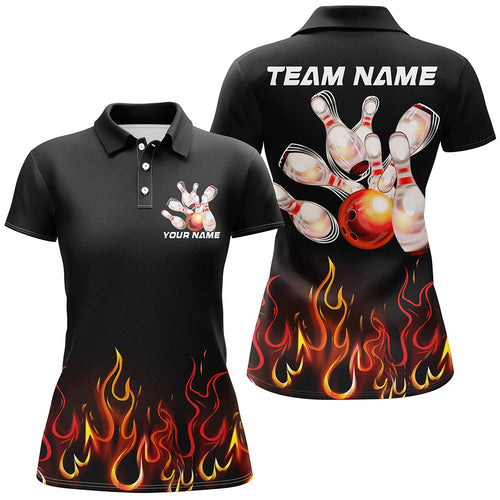 Custom Red Flame Bowling Shirts For Women, Personalized Bowling Team Shirts IPHW7377
