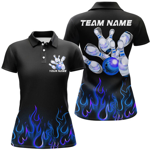 Custom Blue Flame Bowling Shirts For Women, Personalized Bowling Team Shirts IPHW7378