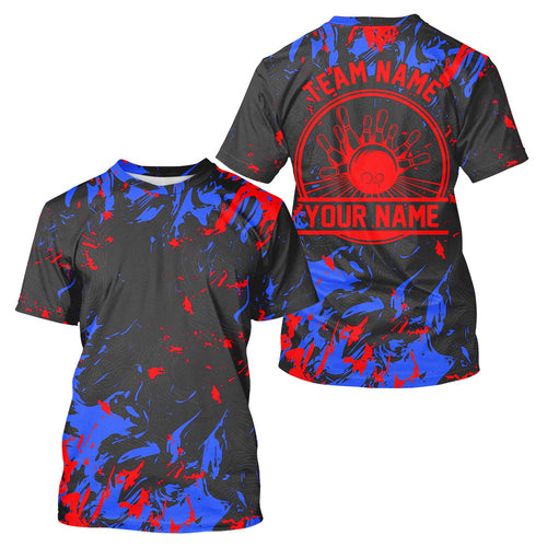 Custom Blue And Red Bowling Men T-Shirts Shirts, Bowling Balls And Pins Bowling Team IPHW5399