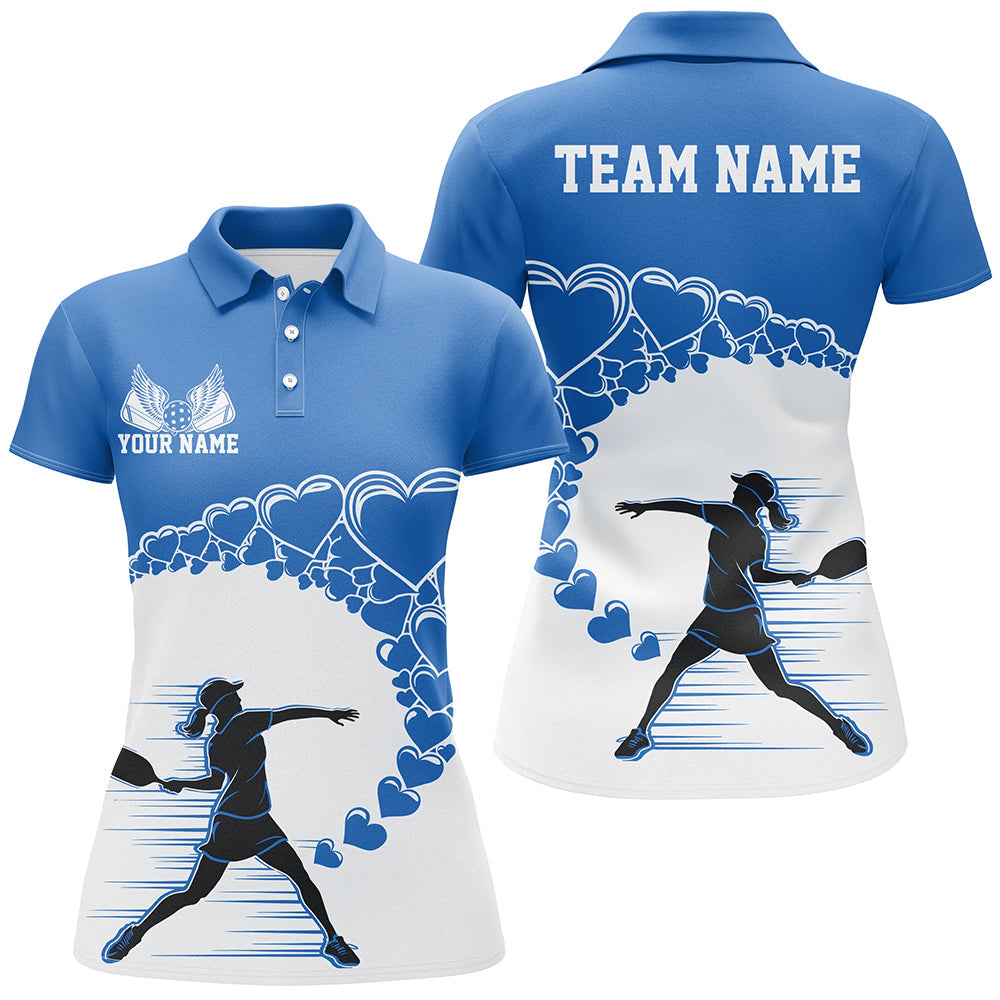 Custom Valentine Pickleball Polo Shirts For Women, Blue Heart Pickleball Couple Shirt IPHW8106