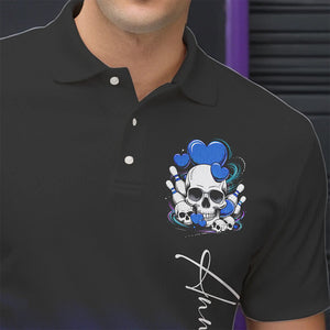 Custom Black And Blue Skull Valentines Day Couple Bowling Polo Shirts For Men IPHW8343