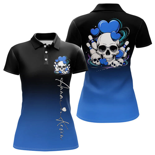 Custom Black And Blue Skull Valentines Day Couple Bowling Polo Shirts For Women IPHW8343
