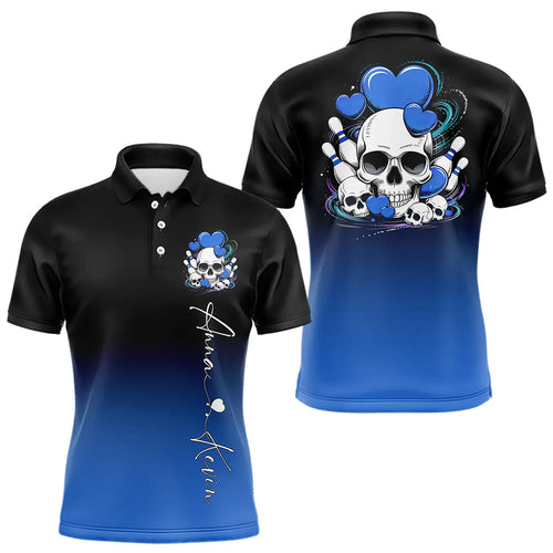 Custom Black And Blue Skull Valentines Day Couple Bowling Polo Shirts For Men IPHW8343