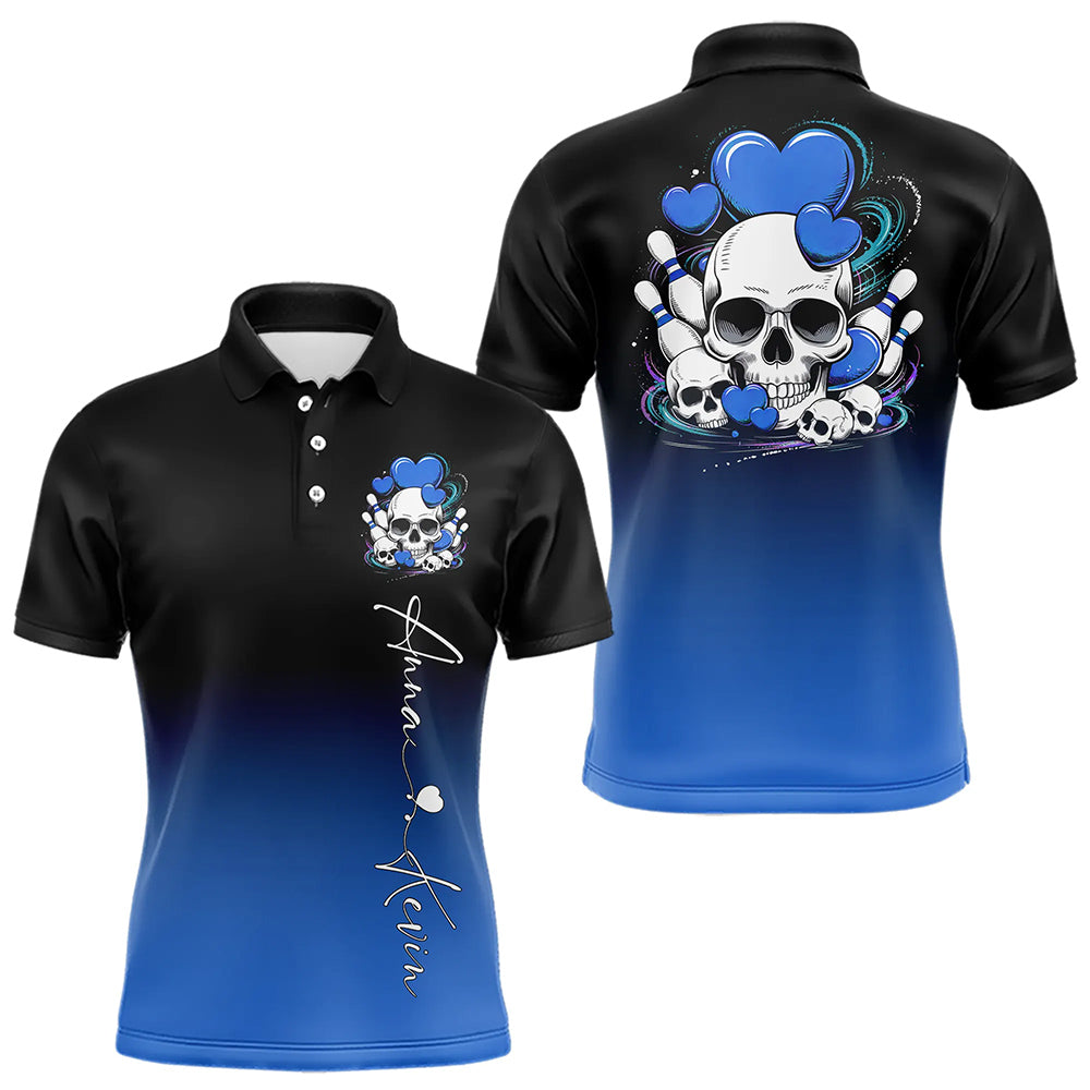 Custom Black And Blue Skull Valentines Day Couple Bowling Polo Shirts For Men IPHW8343