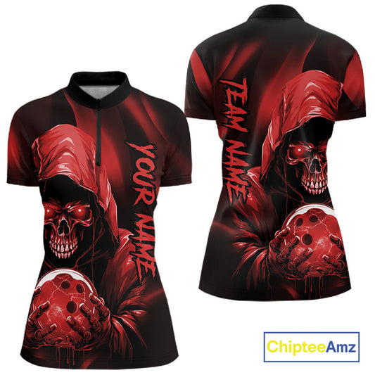 Red Bowling Grim Reaper Custom Women Bowling Quarter-Zip Shirts Skull Bowling Jerseys IPHW10696
