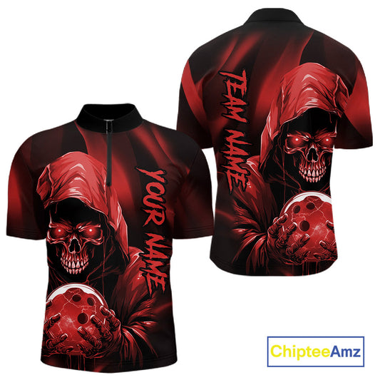 Red Bowling Grim Reaper Custom Men Bowling Quarter-Zip Shirts Skull Bowling Team Jerseys IPHW10696
