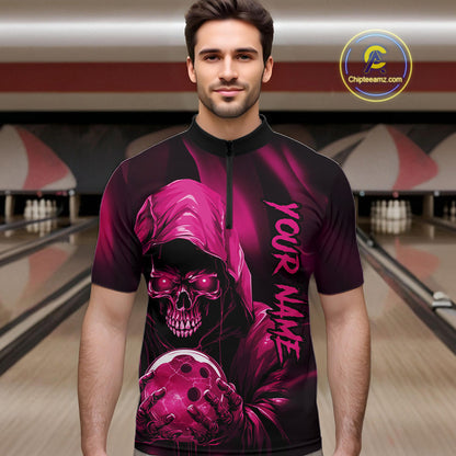 Pink Bowling Grim Reaper Custom Men Bowling Quarter-Zip Shirts Skull Bowling Team Jerseys IPHW10697