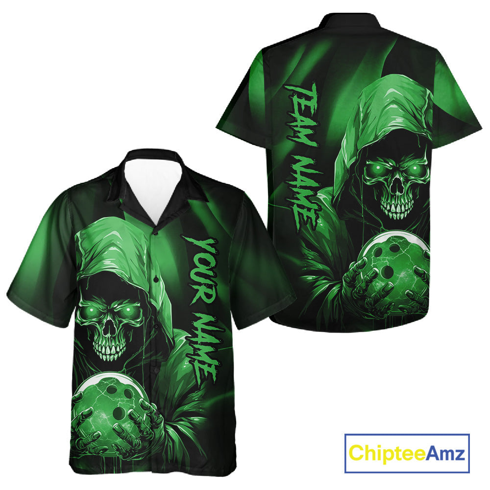 Green Bowling Grim Reaper Custom Men And Women Bowling Hawaiian Shirts Skull Bowling Team Jerseys IPHW10698