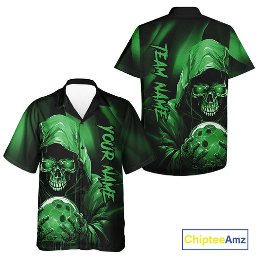 Green Bowling Grim Reaper Custom Men And Women Bowling Hawaiian Shirts Skull Bowling Team Jerseys IPHW10698