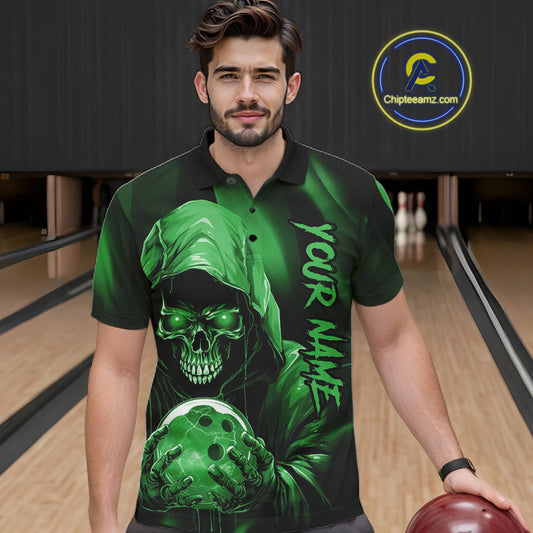 Green Bowling Grim Reaper Custom Men Bowling Polo Shirts Skull Bowling Team Jerseys IPHW10698