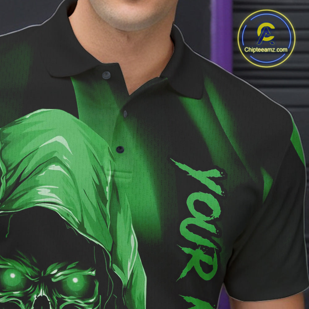 Green Bowling Grim Reaper Custom Men Bowling Polo Shirts Skull Bowling Team Jerseys IPHW10698