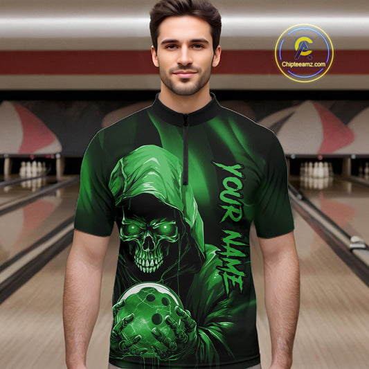 Green Bowling Grim Reaper Custom Men Bowling Quarter-Zip Shirts Skull Bowling Team Jerseys IPHW10698