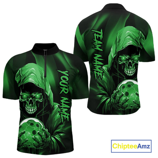 Green Bowling Grim Reaper Custom Men Bowling Quarter-Zip Shirts Skull Bowling Team Jerseys IPHW10698