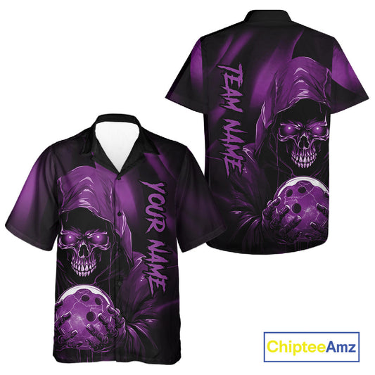 Purple Bowling Grim Reaper Custom Men And Women Bowling Hawaiian Shirts Skull Bowling Team Jerseys IPHW10699