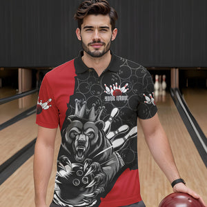 Black And Red Custom Bear Bowling King Polo Shirts For Men, Bear Bowling Team Uniform IPHW8834