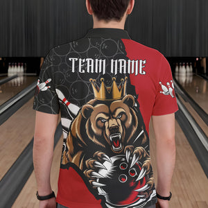 Black And Red Custom Bear Bowling King Polo Shirts For Men, Bear Bowling Team Uniform IPHW8834