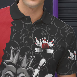 Black And Red Custom Bear Bowling King Polo Shirts For Men, Bear Bowling Team Uniform IPHW8834