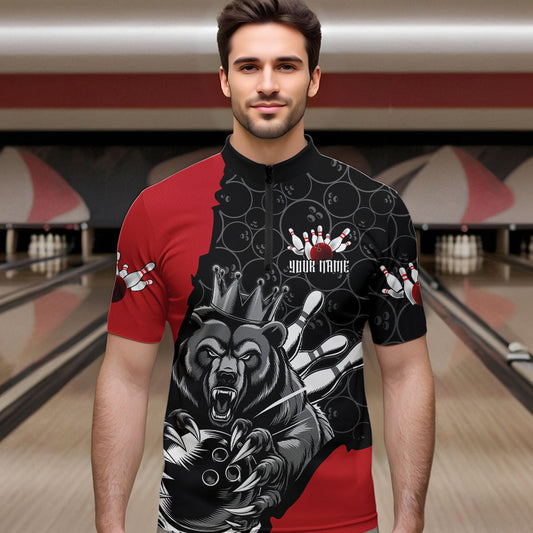 Black And Red Custom Bear Bowling King Quarter-Zip Shirts For Men, Bear Bowling Team Uniform IPHW8834