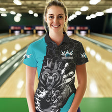 Load image into Gallery viewer, Black And Blue Custom Bear Bowling Queen Polo Shirts For Women, Bear Bowling Team Uniform IPHW8835