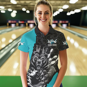 Black And Blue Custom Bear Bowling Queen Polo Shirts For Women, Bear Bowling Team Uniform IPHW8835