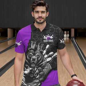 Black And Purple Custom Bear Bowling King Polo Shirts For Men, Bear Bowling Team Uniform IPHW8836