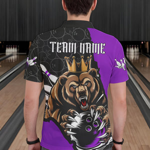 Black And Purple Custom Bear Bowling King Polo Shirts For Men, Bear Bowling Team Uniform IPHW8836