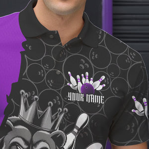 Black And Purple Custom Bear Bowling King Polo Shirts For Men, Bear Bowling Team Uniform IPHW8836