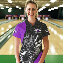 Load image into Gallery viewer, Black And Purple Custom Bear Bowling Queen Polo Shirts For Women, Bear Bowling Team Uniform IPHW8836