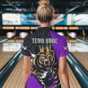 Black And Purple Custom Bear Bowling Queen Polo Shirts For Women, Bear Bowling Team Uniform IPHW8836