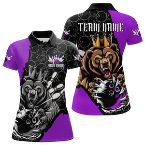 Black And Purple Custom Bear Bowling Queen Polo Shirts For Women, Bear Bowling Team Uniform IPHW8836