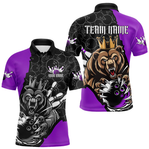 Black And Purple Custom Bear Bowling King Polo Shirts For Men, Bear Bowling Team Uniform IPHW8836