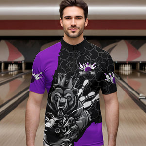 Black And Purple Custom Bear Bowling King Quarter-Zip Shirts For Men, Bear Bowling Team Uniform IPHW8836