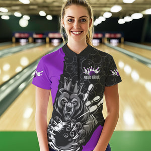 Black And Purple Custom Bear Bowling Queen Women Quarter-Zip Shirt, Bowling Team Uniform IPHW8836