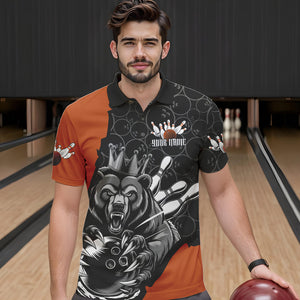 Black And Orange Custom Bear Bowling King Polo Shirts For Men, Bear Bowling Team Uniform IPHW8837