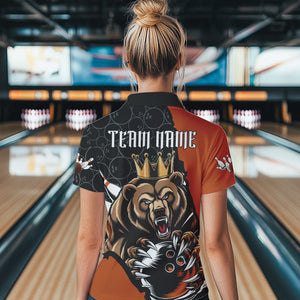 Black And Orange Custom Bear Bowling Queen Polo Shirts For Women, Bear Bowling Team Uniform IPHW8837