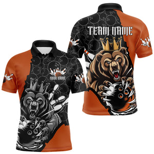 Black And Orange Custom Bear Bowling King Polo Shirts For Men, Bear Bowling Team Uniform IPHW8837