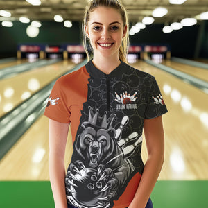 Black And Orange Custom Bear Bowling Queen Women Quarter-Zip Shirt, Bowling Team Uniform IPHW8837