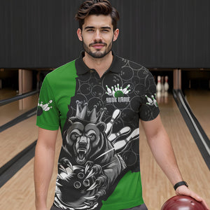 Black And Green Custom Bear Bowling King Polo Shirts For Men, Bear Bowling Team Uniform IPHW8838