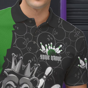 Black And Green Custom Bear Bowling King Polo Shirts For Men, Bear Bowling Team Uniform IPHW8838